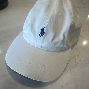 Polo Ralph Lauren hat leather adjustable strap 1990s desirable white navy pony